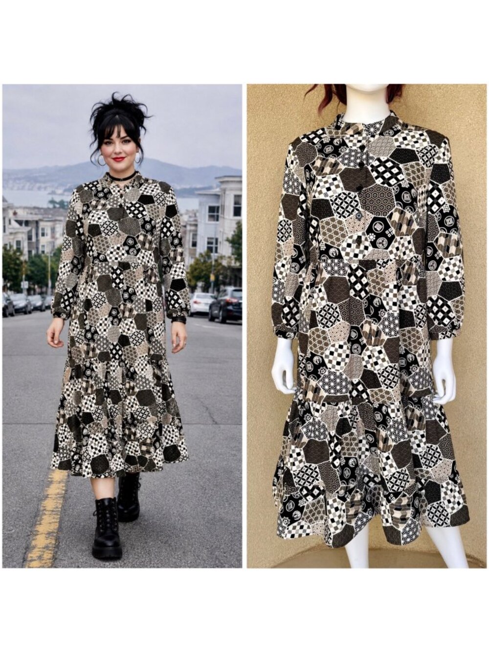 Retro Monochrome Japanese Kamon Midi Dress